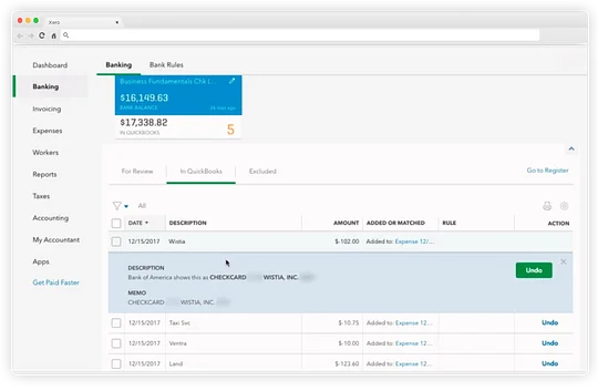 Quickbooks’ Bank Account and Credit Card Management Interface